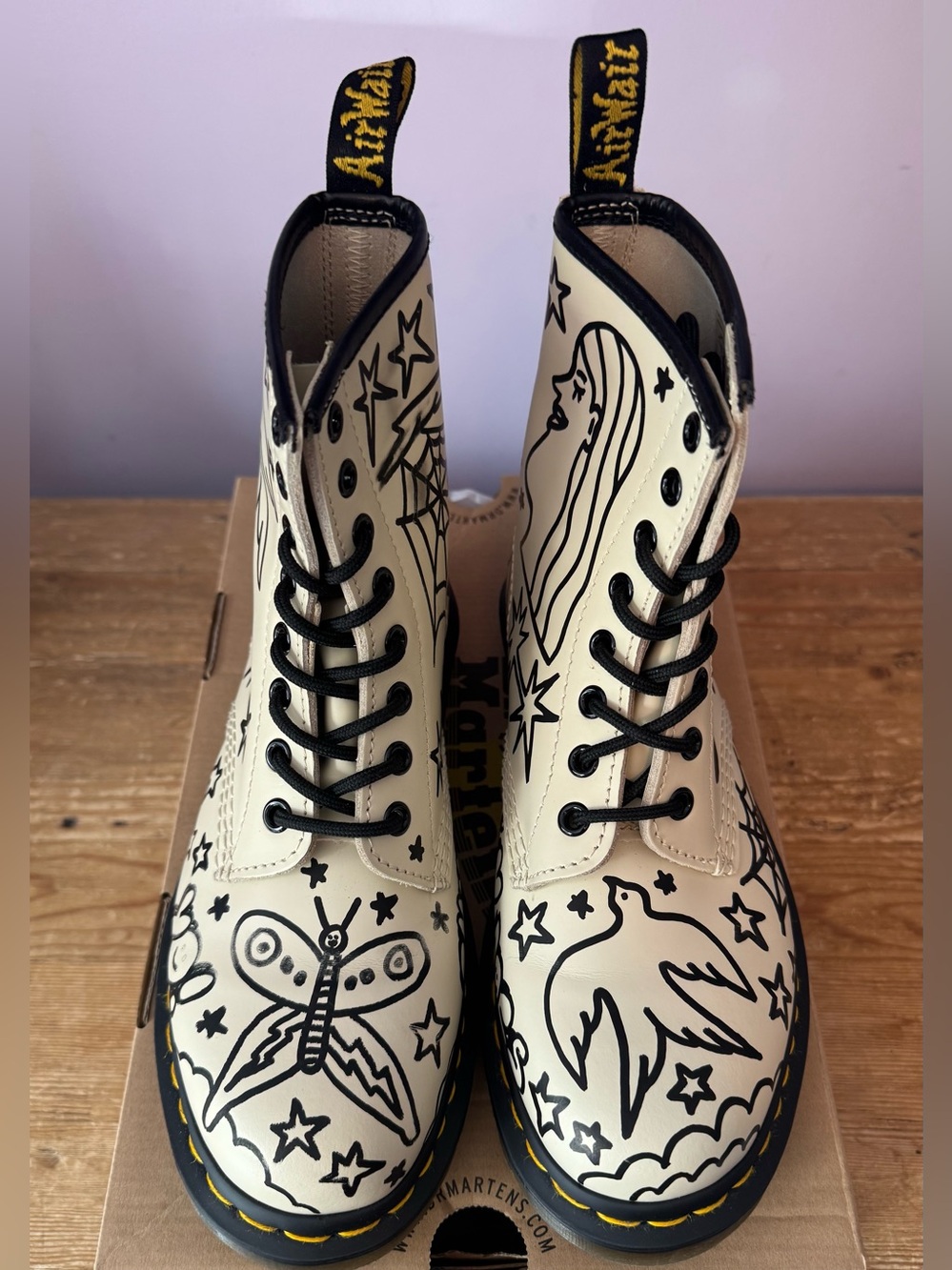 Dr. Martens parchment beige customized  by artist Eddie Perrote. NWT size US W7